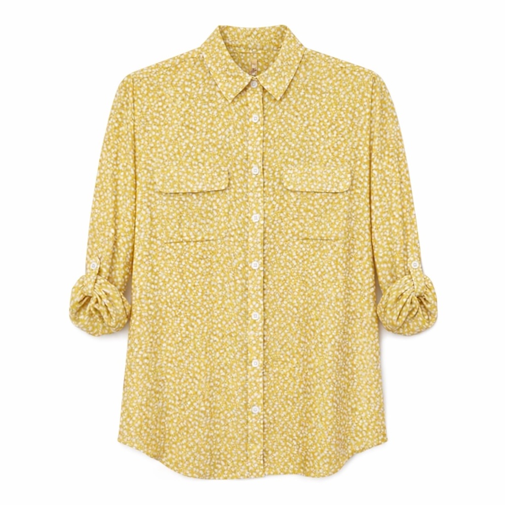 Ann Taylor LOFT Yellow Floral Button Down Blouse Small Semi Sheer Roll Tab L/S